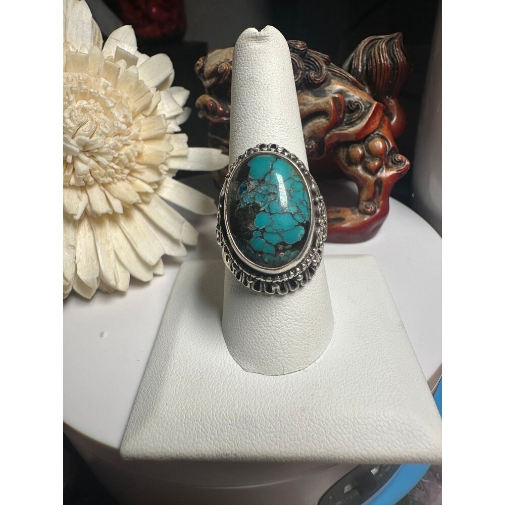 Sterling Silver Turquoise Oval Ring - ADJUSTABLE